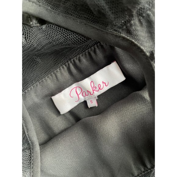 Parker Quinn Cold Shoulder Dress Black Ruffle Hem Mesh Bodice Sheath Womens S - Picture 5 of 8